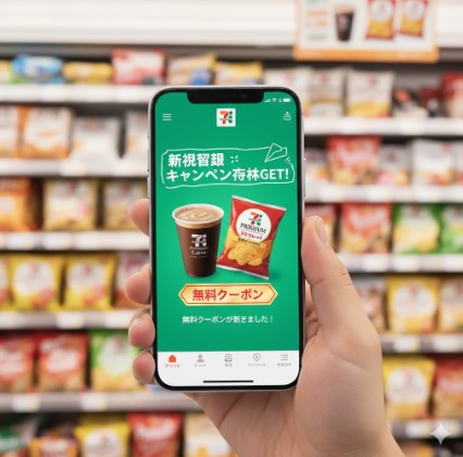 セブンイレブンアプリの新規登録キャンペーンで、スマートフォンに特典のクーポンが届いたイメージ。