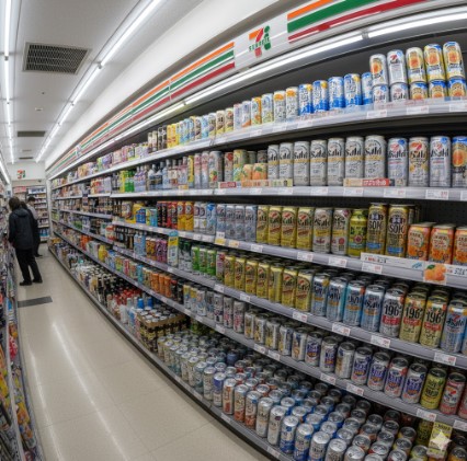 セブンイレブンの店頭に並べられた様々なチューハイ。