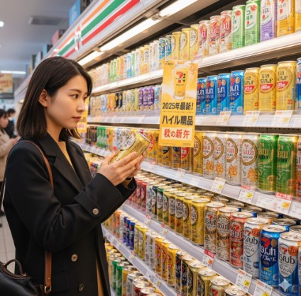 2025年11月現在のセブンイレブンのお酒コーナーで、ハイボールの新商品が目立つように陳列されており、日本人の消費者が商品を選んでいる様子。