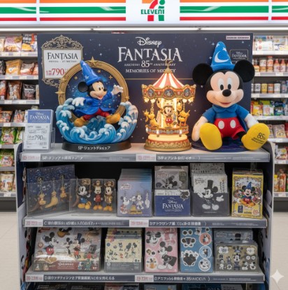 セブンイレブンの店内に設置された、一番くじディズニーファンタジア85周年記念の特設コーナー。SP賞のヴィネットフィギュア、B賞のカルーセルライト、ラストワン賞のミッキーぬいぐるみなどが展示されている。