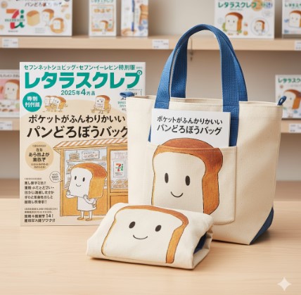 雑誌『レタスクラブ 2025年4月号 セブンネットショッピング・セブン-イレブン特別版』と、その付録である「パンどろぼうバッグ」が広げられた状態と折りたたまれた状態で並べられている。