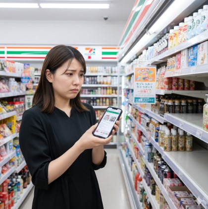 2025年11月最新のたまごっち一番くじを探しにセブンイレブンに来たが、取り扱いがなく残念そうな表情を浮かべる日本人女性。