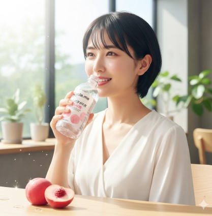 明るい窓際で、「Cycle.me たんぱく質がとれる水 ほんのり桃」を飲む日本人女性。テーブルには桃が置かれている。