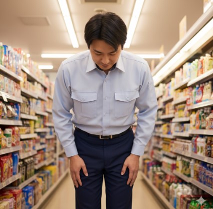 コンビニの商品(サンドイッチ)を手に、スマートフォンで苦情の連絡先を探して困っている様子の日本人女性。