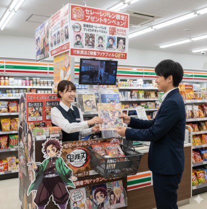 セブンイレブンの店内で、鬼滅の刃キャンペーンの限定クリアファイルを客に渡す店員。店内には鬼滅の刃の販促物が多数並んでいる。