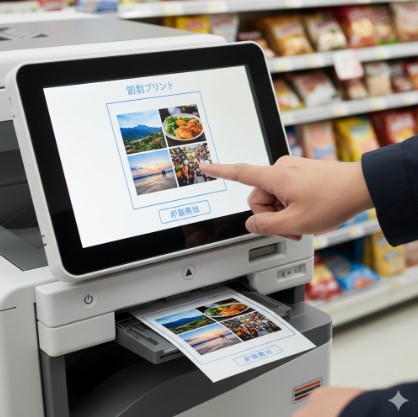 日本人の手がコンビニのマルチコピー機を操作し、L判写真用紙に4分割でレイアウトしている様子。