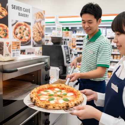 コンビニ店内に設置された専用オーブンから、焼きたてのピザが取り出される瞬間。