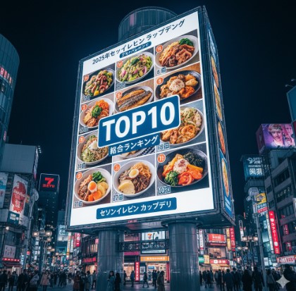 2025年最新版のセブンイレブンカップデリランキングTOP10のイメージ。様々なカップデリが彩り豊かに並べられ、中央に「TOP10」の表示が配置されている。