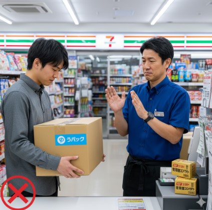 日本人男性客がコンビニのレジでゆうパックの荷物を差し出すが、店員が両手で制止して受け取りを拒否しているシーン。