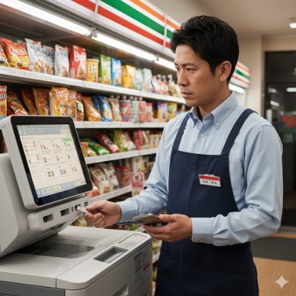 コンビニ店員がセブンイレブンのマルチコピー機にUSBメモリを挿し込み、名刺印刷の手順を確認している様子