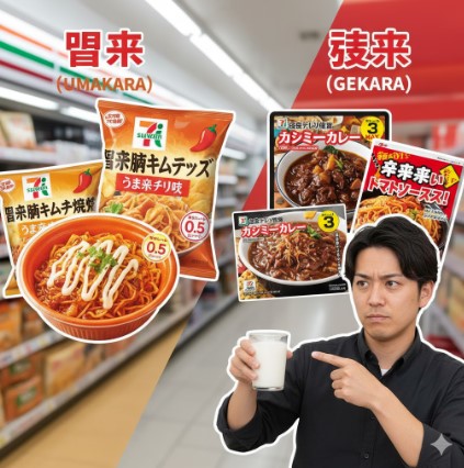 旨辛」と「激辛」のセブンイレブン商品を対比したコラージュ画像。旨辛商品（豚キムチ焼そば、ポテトチップス）と激辛商品（カシミールカレー、辛辛辛いトマトソースパスタ）が並び、激辛商品を見た男性が牛乳を持って困惑している。