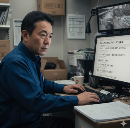 コンビニのバックオフィスでパソコンを操作し、「あきる野市 セブンイレブン 事件」と検索している日本人男性店長。監視カメラの映像も画面に映っている。