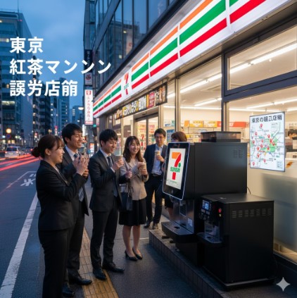 セブンイレブンの店外に設置された紅茶マシンの前に立ち、紅茶を楽しむビジネスパーソンたちと、東京の導入店舗を示す地図が示されたスクリーン