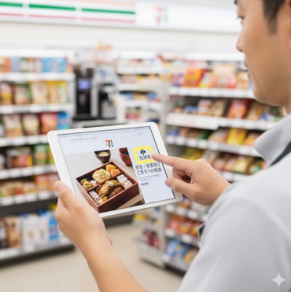 日本人男性がセブンミールで法事用弁当を注文し、「仏掛紙」のオプションを選択している様子