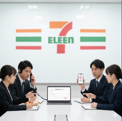 セブンイレブンのロゴが背景に大きくぼかされて見える会議室で、スーツ姿の日本人社員4人がテーブルを囲んでいる。一人が電話で話し、別の二人がノートパソコンの問い合わせフォームとスマートフォンの「Urgent Request!」表示を真剣に見ている。緊急性の高いクレームに対する本社対応の様子。