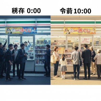コンビニエンスストアの前で一番くじの開始を待つ人々の比較。左は深夜0時に店内で興奮する少人数の男性グループ、右は午前10時に穏やかに列を作る様々な年齢層の人々。