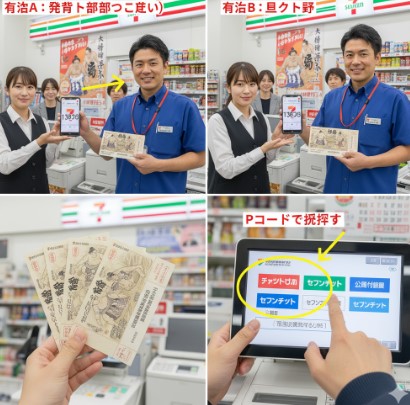 セブンイレブンのレジカウンターで、店員がお客様にインターネットで予約済みの相撲チケットを発券している様子。