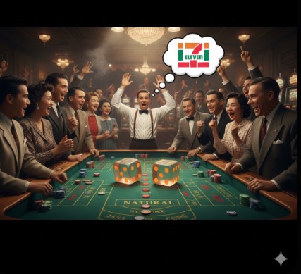 カジノでクラップスを楽しむ人々と、セブンイレブンのロゴを関連付けて考える様子