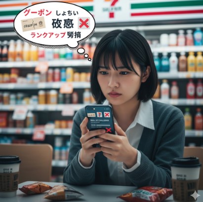スマートフォンを操作しながら困った表情を浮かべる日本の若者。セブンイレブンアプリの「しょぼいクーポン」や「改悪」といったユーザーの不満を象徴するイメージ。