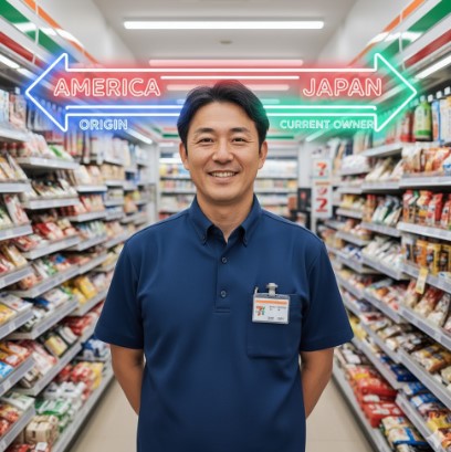 コンビニ店長が立つセブンイレブン店内で、アメリカ発祥から日本企業が現在のオーナーであることを示す両方向の矢印のイメージ。