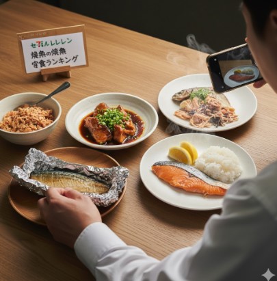コンビニ店長がセブンイレブンの焼魚を実際に試食し、スマートフォンで撮影しながら評価している様子。