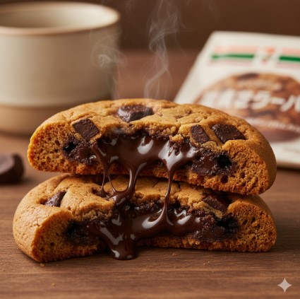 半分に割ったセブンイレブンのチョコクッキー。中からチョコレートがとろけ出し、しっとりとした生地の断面が見えている。