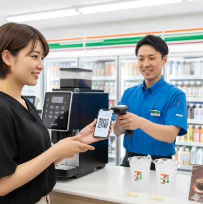 セブンイレブンのレジで、日本人女性客がスマートフォンに表示されたQRコード決済でアイスコーヒーを注文し、店員がバーコードリーダーをかざしている。手元には氷入りのカップが置かれている。