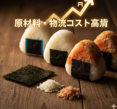 木目のテーブルに置かれた数種類のおにぎり。手前には米、海苔、ツナなどの原材料が散らばり、上部には「原材料・物流コスト高騰」の文字と上昇する矢印がオーバーレイ表示されている。