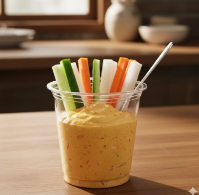 木製のテーブルに置かれた透明なカップに入ったセブンイレブンの旨辛みそマヨネーズディップと野菜スティック