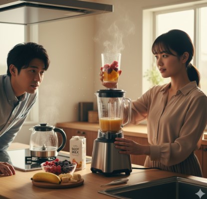 4種類のカラフルなスムージーと、それらの材料（フルーツ、野菜、豆乳など）がテーブルに並べられている。手元では、タブレットにスムージーの栄養成分比較表が表示されている。