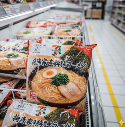 セブンイレブンの冷凍ケースに陳列された「横浜家系豚骨醤油ラーメン」のパッケージがアップで写っており、その隣には他の冷凍ラーメン商品も並んでいる。