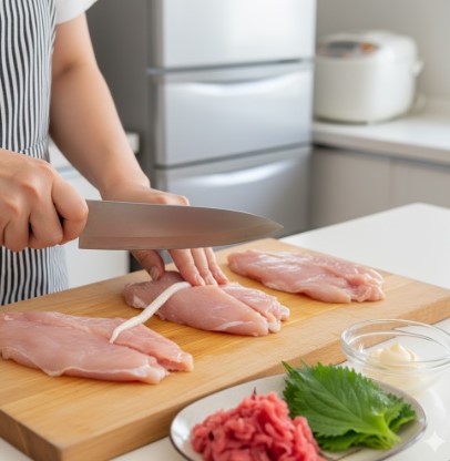 キッチンのまな板の上で、女性が鶏ささみ肉の筋を丁寧に取り除いている。周囲には梅肉と大葉が準備されている。