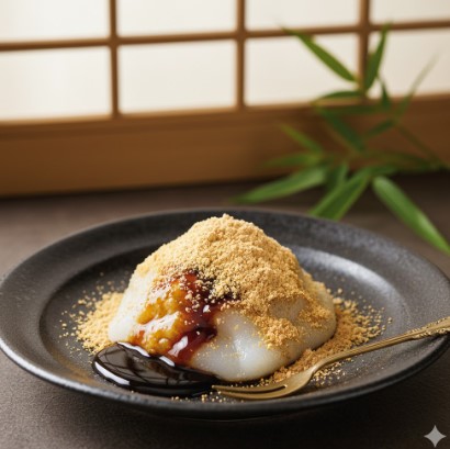 かつてセブンイレブンで大人気だった「ふわっとろ 京風きなこのわらび 黒蜜入り」をイメージした、とろけるわらび餅のクローズアップ画像。