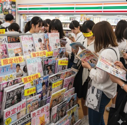 コンビニエンスストアの雑誌売り場で、セブンイレブン限定の付録付き雑誌を熱心に選ぶ若い日本人女性たち。各雑誌には「限定付録」の文字が目立つ。彼女たちはスマートフォンで情報を確認したり、雑誌の中身を比較したりしている。