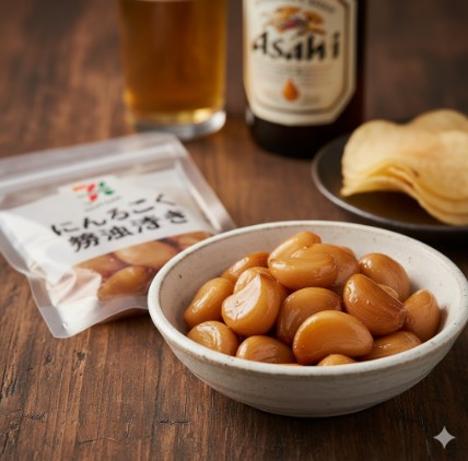 白い小皿に盛られたセブンイレブンの「にんにく醤油漬け」。醤油ダレが絡んだにんにくの粒が、つややかに光っている。