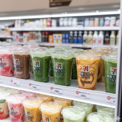 セブンイレブンの冷凍ケースに並べられた様々な種類のフラッペ。リッチチョコレート、濃厚抹茶、キャラメルマキアートなどの人気フレーバーが複数個陳列されており、購入者を待っている。