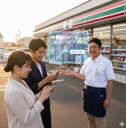 コンビニ店長と客が話しており、店長がスマートフォンに表示された「徒歩1分=80m、80m×5分=400m」という計算式と地図のオーバーレイを指し示している様子。