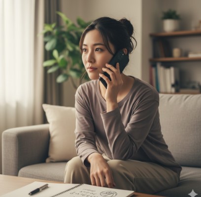 - 混雑する時間帯を避け、自宅や静かな場所からスマートフォンでコンビニに電話をかけ、限定スイーツの在庫確認をしている様子の日本人。無駄足を避けるための行動を表す。