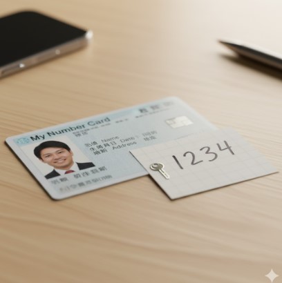 マイナンバーカードと4桁の暗証番号が並べられ、コンビニ交付の必須アイテムであることを強調したクローズアップ。