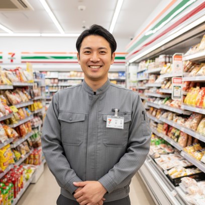 青空の下、緑豊かな高地に建つ日本のコンビニエンスストアの外観。広い駐車場があり、背景には山の稜線が見える。