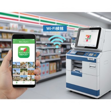 スマートフォン(緑色のアプリアイコン)からマルチコピー機へ、Wi-Fiで写真データを送信しているイメージ図。