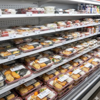 セブンイレブンの店頭に並べられた「海苔弁当」や「幕の内弁当」など、定番の和風弁当が整然と陳列されている様子。商品の多様性と安定供給をアピール。