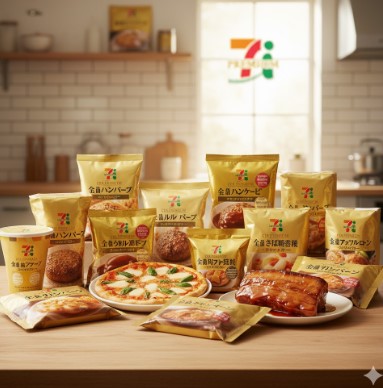 キッチンのテーブルに並べられたセブンプレミアムゴールド「金シリーズ」の食品。冷凍ハンバーグ、ピザ、パスタ、カレーなどが金色パッケージで魅力的にディスプレイされている。