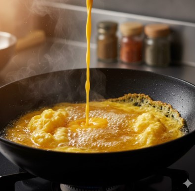 高温の油に注がれた溶き卵が、瞬時に膨らみふわふわの塊になりかけている様子を捉えたクローズアップ写真。