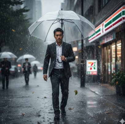 強い風雨の中、セブンイレブンの「風に強いバイオマスビニール傘」を差しているアジア人男性。傘はしっかりとしており、風に煽られていない。