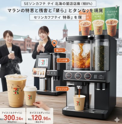 雪が積もる北海道のセブンイレブン店内で、紅茶マシンと各種紅茶メニュー（ホットティー、アイスティー、ミルクティーなど）が並べられた様子。