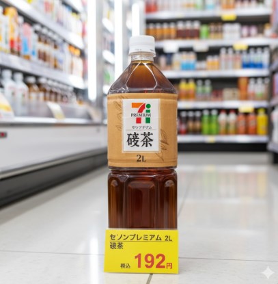 セブンイレブンの店内で、価格表示された2リットルのセブンプレミアム麦茶ペットボトル