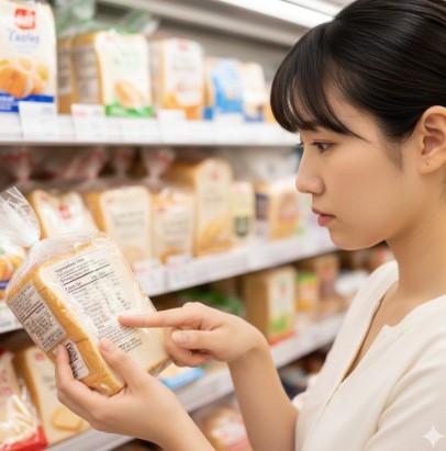 ンビニパンのパッケージ裏面にある原材料表示を真剣に確認する日本人女性