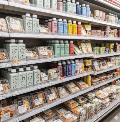 セブンイレブンの「たんぱく質が摂れるシリーズ」の商品が豊富に陳列された棚の全体像。