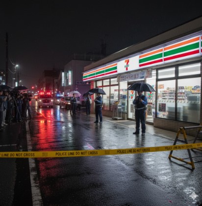 夜間のセブンイレブン前で、警察官が現場検証を行い、報道陣が集まっている緊迫した事件現場の様子。